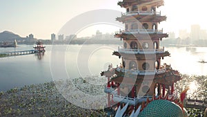 Aerial view lotus pond and  traditional Chinese Pagoda   at sunrise  , Kaohsiung, Taiwan. Asia