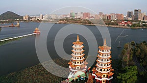 Aerial view lotus pond and  traditional Chinese Pagoda at sunset , Kaohsiung, Taiwan. Asia