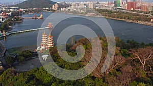 Aerial view lotus pond and  traditional Chinese Pagoda at sunset, Kaohsiung, Taiwan. Asia