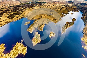 Aerial view of Lough Doon between Portnoo and Ardara which is famous for the medieval fort - County Donegal - Ireland