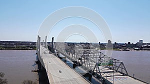 Aerial View of Louisville, Kentucky USA, Traffic on Bridges and Downtown Skyline