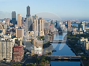 Aerial view of love river and kaohsiung city at sunset, Taiwan