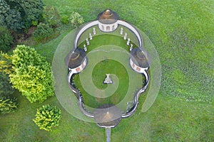 Aerial view of the Lower cemetery in Zdar nad Sazavou, Czech Republic.  UNESCO World Heritage Site in beautiful golden morning