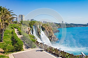 Aerial view of Lower Duden waterfall in Antalya, Turkey