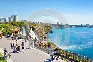 Aerial view of Lower Duden waterfall in Antalya, Turkey