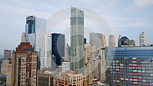 Aerial view of Lower Manhattan, financial and business district, New York City. Drone shot.