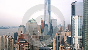 Aerial view of Lower Manhattan, financial and business district, New York City. Drone shot.