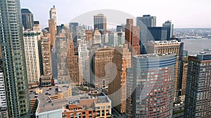 Aerial view of Lower Manhattan, financial and business district, New York City. Drone shot.