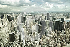 Aerial view of lower Manhattan skyline and Hudson River in New Yo