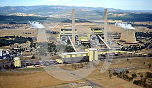 Aerial view of Loy Yang Power Station in the Latrobe Valley Gippsland showing the cooling towers and surroundi         robe Valley photo