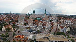 Aerial view of Lubeck at sunset, Germany