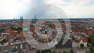 Aerial view of Lubeck at sunset, Germany