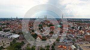 Aerial view of Lubeck at sunset, Germany