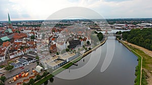 Aerial view of Lubeck at sunset, Germany