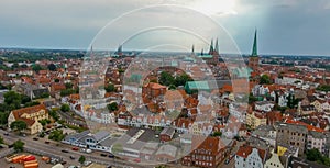 Aerial view of Lubeck at sunset, Germany