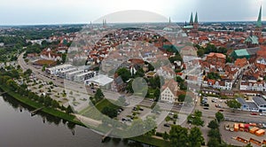 Aerial view of Lubeck at sunset, Germany