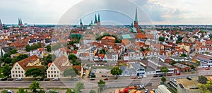 Aerial view of Lubeck at sunset, Germany