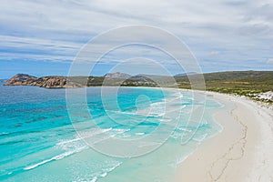 Aerial view of Lucky bay near Esperance viewed during a cloudy day, Australia