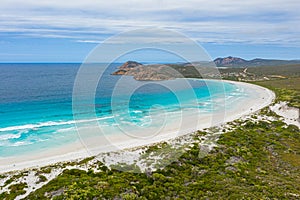 Aerial view of Lucky bay near Esperance viewed during a cloudy day, Australia