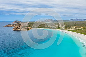 Aerial view of Lucky bay near Esperance viewed during a cloudy day, Australia