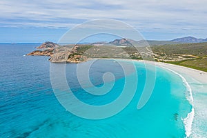 Aerial view of Lucky bay near Esperance viewed during a cloudy day, Australia