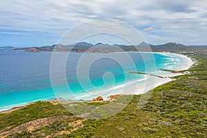 Aerial view of Lucky bay near Esperance viewed during a cloudy day, Australia