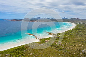 Aerial view of Lucky bay near Esperance viewed during a cloudy day, Australia