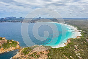 Aerial view of Lucky bay near Esperance viewed during a cloudy day, Australia