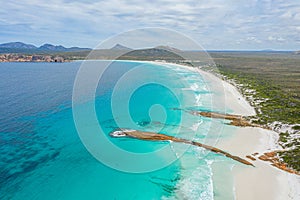 Aerial view of Lucky bay near Esperance viewed during a cloudy day, Australia