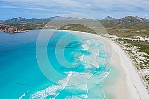 Aerial view of Lucky bay near Esperance viewed during a cloudy day, Australia