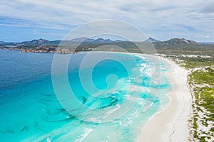 Aerial view of Lucky bay near Esperance viewed during a cloudy day, Australia