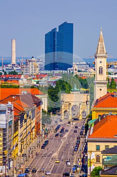 Aerial view of ludwigstrasse in munich with famous siegestor gate and saint ludwig church....IMAGE