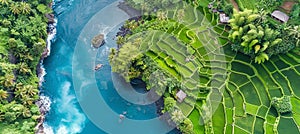 Aerial view of lush cultivated farmland along river, enhanced digital illustration