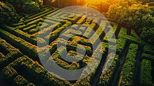 Aerial View of a Lush Green Hedge Maze at Sunset