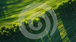 Aerial view of lush rural farmland with green fields and agricultural plantations