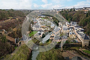 Aerial view of Luxembourg with Alzette River and Vauban Towers - Luxembourg City, Luxembourg