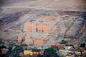 Aerial view of Luxor city and the temple of Habu for Ramses the third, Medinet Habu, Luxor