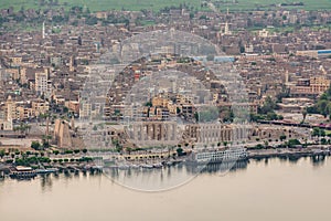 Aerial view of the Luxor Temple and Nile river, Luxor, Egypt