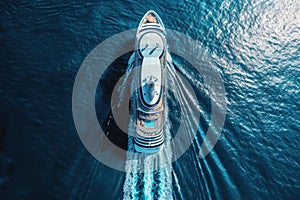 Aerial view of a luxury cruise ship sailing across the blue ocean waters