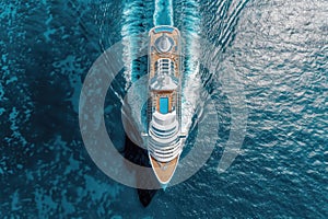 Aerial view of a luxury cruise ship sailing across the blue ocean waters