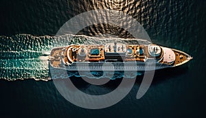 Aerial view of a luxury cruise ship sailing in the sea.
