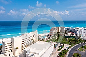 Aerial view of the luxury hotels in Cancun