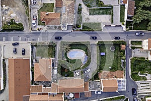 Aerial view of a luxury residential district, view from top of roofs with private swimming pool, Colares, Portugal