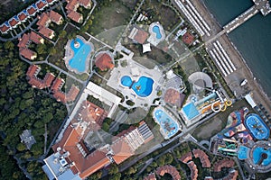 Aerial view of luxury resort hotel with swimming pools.