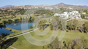 Aerial view of luxury resort villas in Marbella Spain. Panoramic landscape