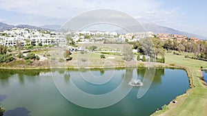 Aerial view of luxury resort villas in Marbella Spain. Panoramic landscape