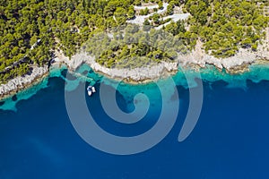 Aerial view of Luxury Sail Yacht in Assos village, Kefalonia Island, Greece