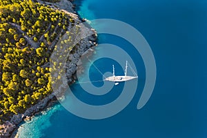 Aerial view of Luxury Sail Yacht in Assos village, Kefalonia Island, Greece