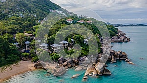 Aerial view of luxury tropical resort villas near ocean in Thailand.Koh Samui. Landscape.Asia. Drone.