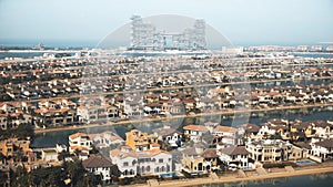 Aerial view of luxury villas on the Palm Jumeirah island. Dubai, UAE